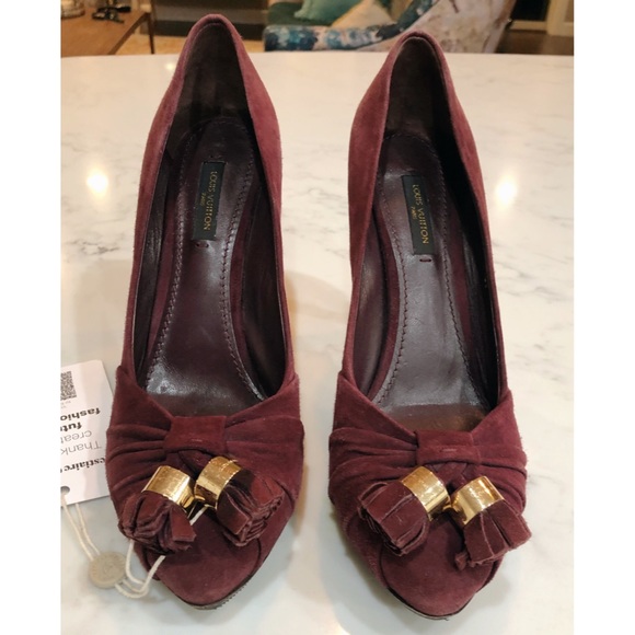 Louis Vuitton Burgundy Suede Leather Knot Confident Tassel Platform Pumps 37.5 - Picture 6 of 17